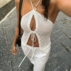 Spring Summer Pure Wool like Hollow Out Cutout out Halter Lace up Sexy Backless Sexy Short Top