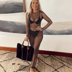 Women's Sexy See Through Light Diamond Bubble Beach Dress Mesh Long Sleeve Dress