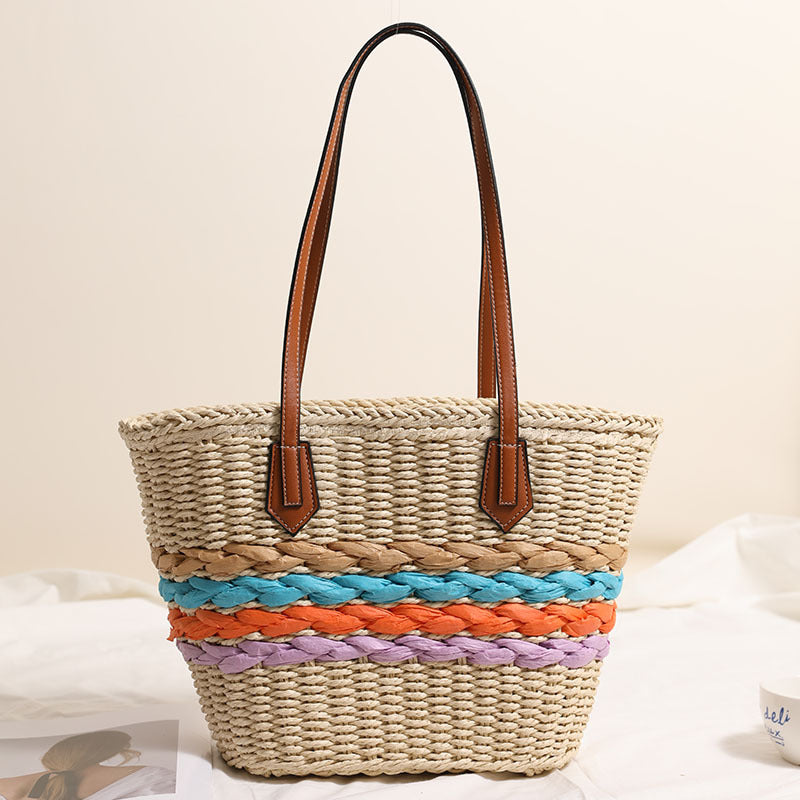 Women's Rainbow Stripe Straw Shoulder Bag
