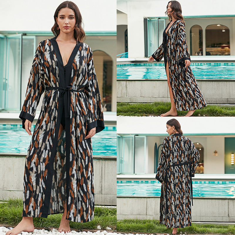 Mid-length rayon beach cover-up shirt, black with orange and white abstract tie-dye, tie waist