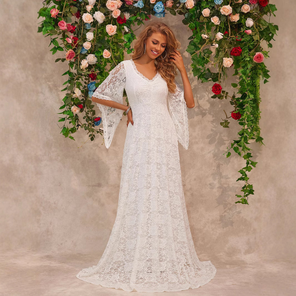 Women's V-Neck Lace Trumpet-Sleeve Maxi Dress