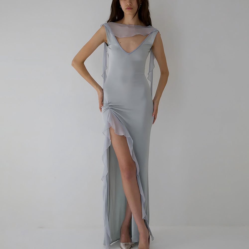 Women's Backless Ruffled High Slit Bodycon Maxi Dress