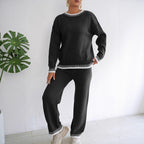 Women Autumn Winter Homewear Casual Two Piece Set Color Contrast Patchwork Pullover Top Straight Wide Leg Pants