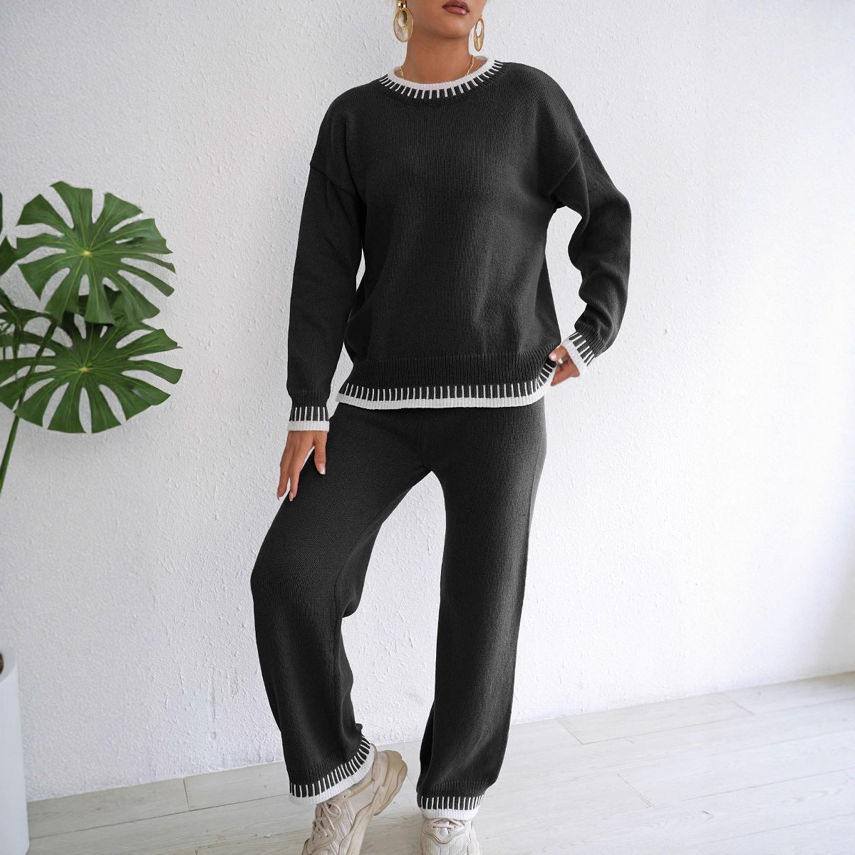 Women Autumn Winter Homewear Casual Two Piece Set Color Contrast Patchwork Pullover Top Straight Wide Leg Pants