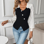 Autumn Winter French Lightly Mature Black White Contrast Color Fitted Waist Sweater Women