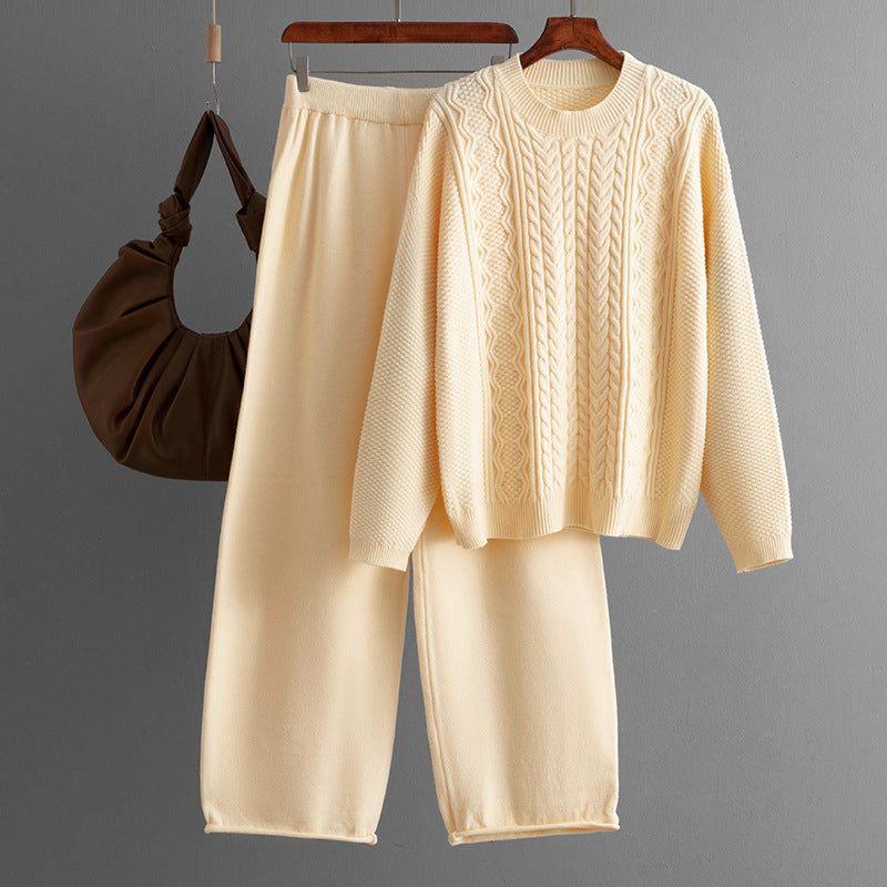 Autumn Winter Loose Cable Knit Pullover Sweater Knitted Wide Leg Pants Two-Piece Set