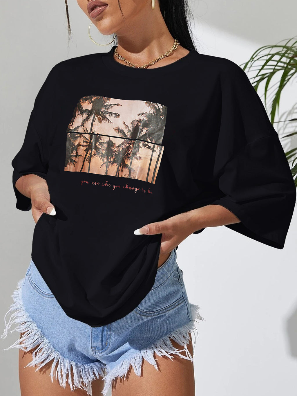 Women's Casual Black T Shirt Simple Round Neck Short Sleeve Women Top Loose Landscape Printing T Shirt