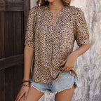 Women's Summer Women Puff Sleeve Pullover Leopard Print Shirt Women