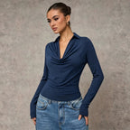 Women's Collared Pleated-Waist Long Sleeve Top