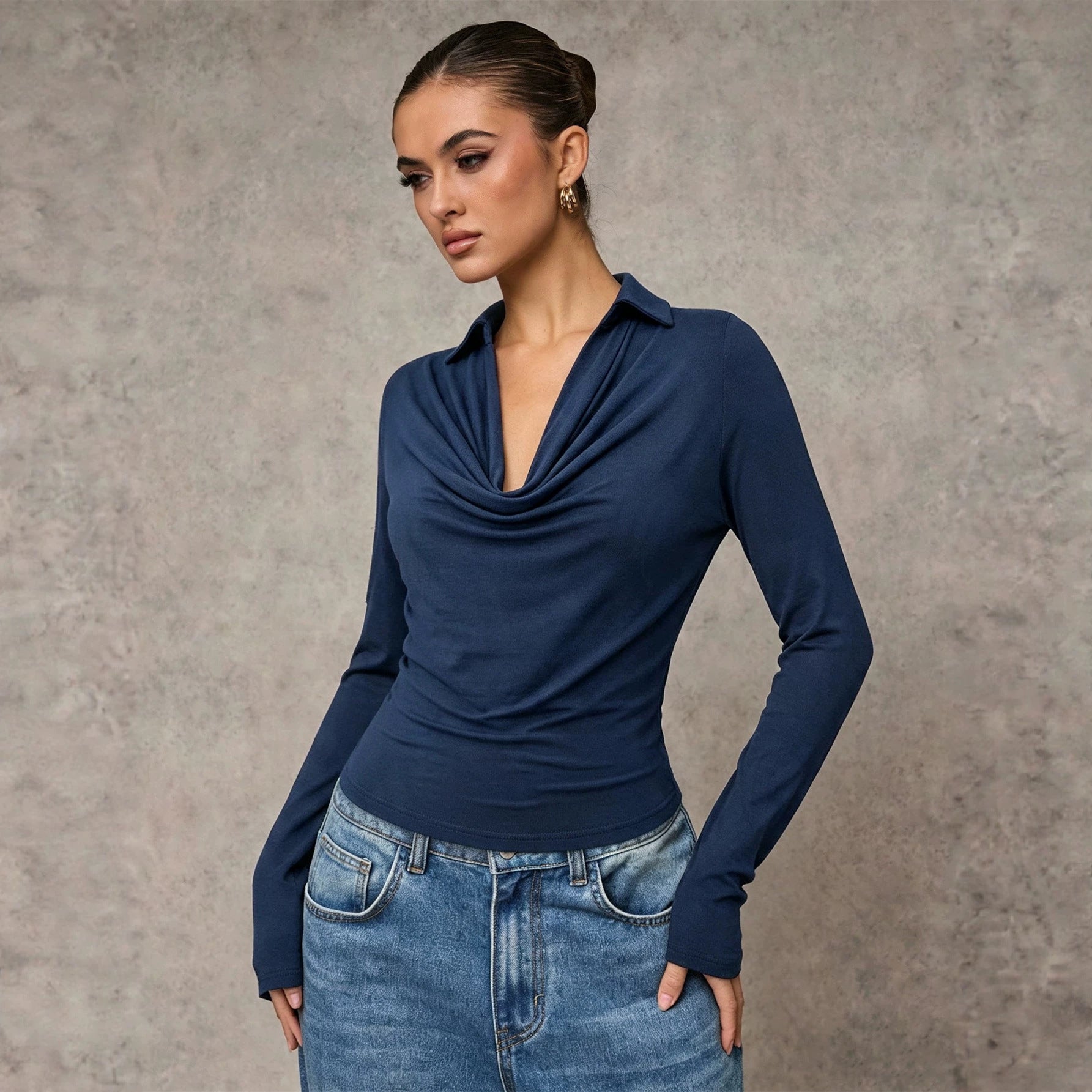 Women's Collared Pleated-Waist Long Sleeve Top