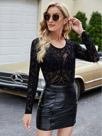 Women's Spring Autumn Office Slim Fit Pullover Round Collar In Black Mesh Lace Printed Bottoming Shirt Top