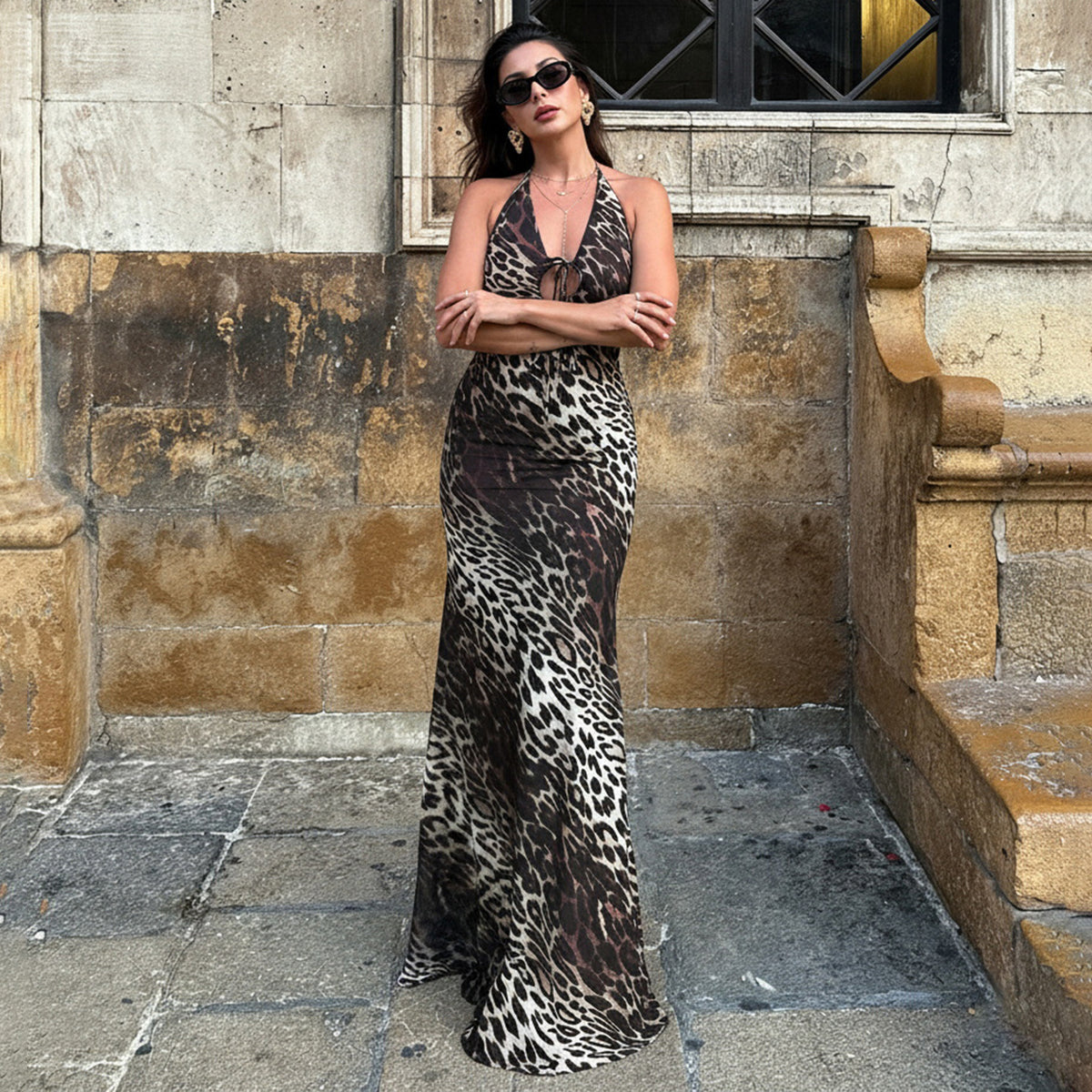 Women's Leopard-Print Halter Backless Maxi Dress