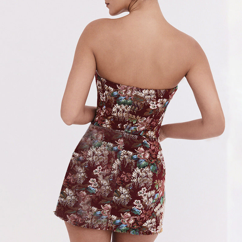 Strapless Cinched Waist A Swing Jacquard Elegant Dress