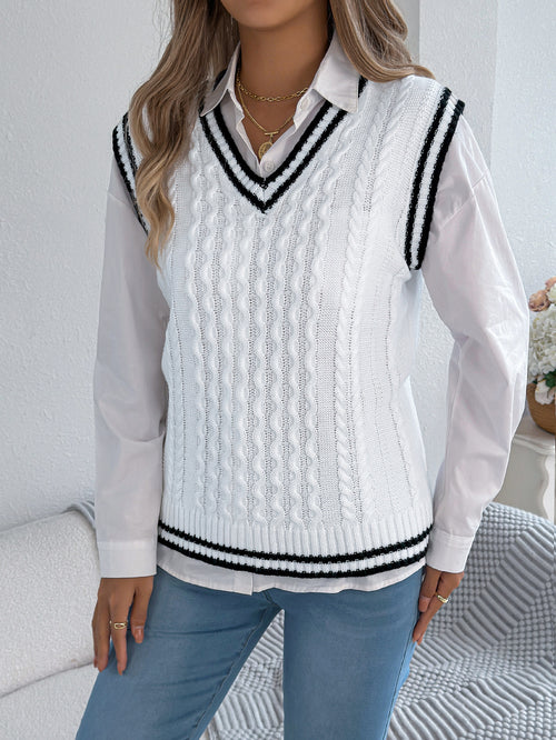 White cable-knit V-neck sweater vest with black contrast trim, sleeveless