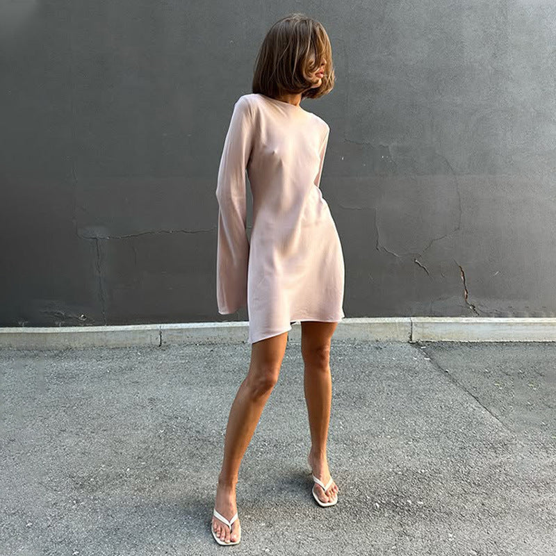 Satin Crew-Neck Long-Sleeve A-Line Mini Dress