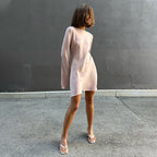 Satin Crew-Neck Long-Sleeve A-Line Mini Dress