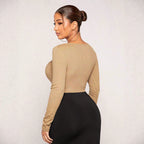 Retro Square Collar Long Sleeve T Shirt Pleating Slimming