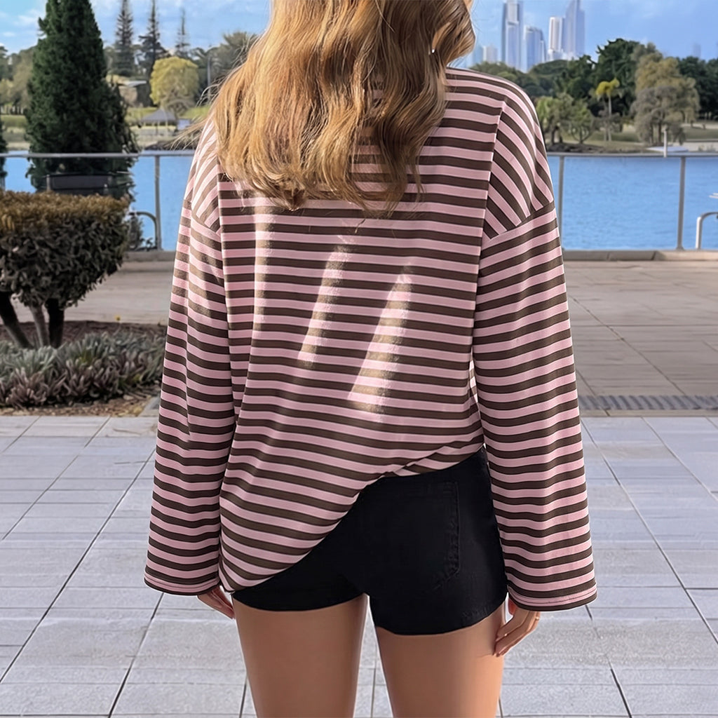 Women's Clothing Autumn Retro Contrast Color Striped Polo Collar Top