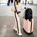 Autumn Winter Office Casual Patchwork Round Neck Sweater Wide Leg Set