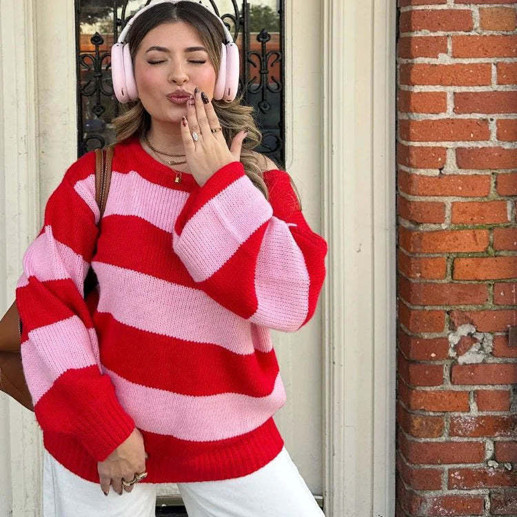 Women's Striped Crew-Neck Pullover Sweater