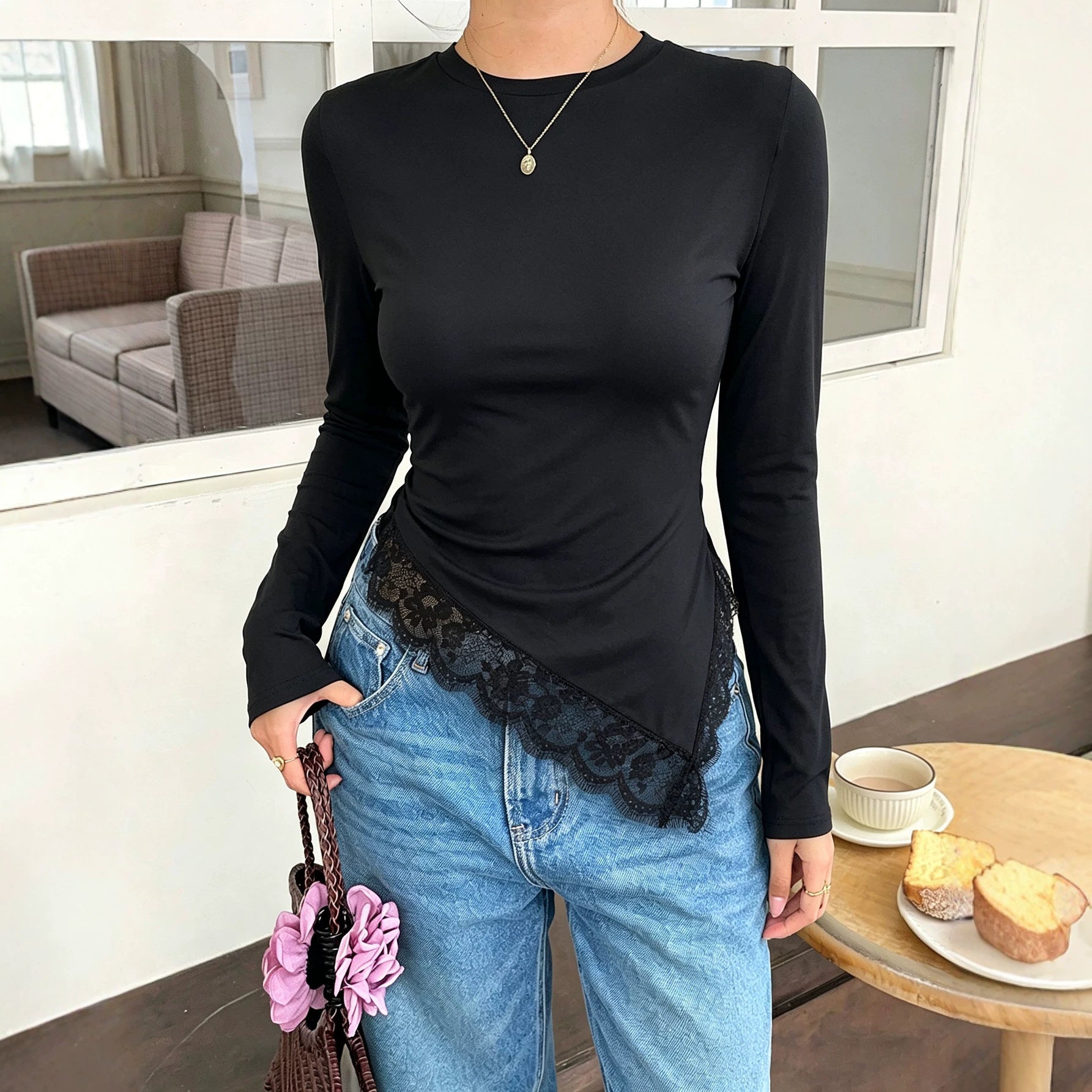 Women's Asymmetric Lace-Trim Long-Sleeve Top