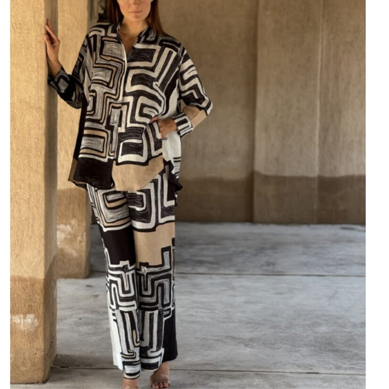 Women's Cotton Linen Multi Color Printed Long Sleeve Casual Straight