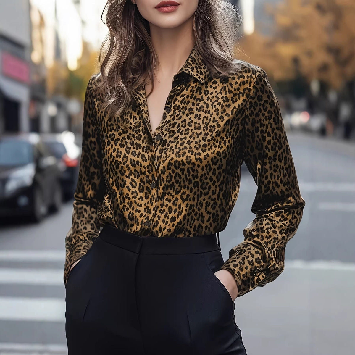 Women's Clothing Spring Autumn Leopard Print Sexy Single Breasted Long Sleeve Shirt