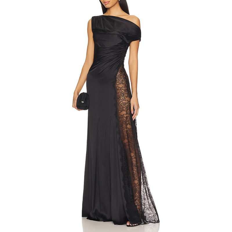 Women's Women's's Dress High Grade Oblique Shoulder Pleated Waist Tight Side Slit Lace Patchwork Maxi Dress