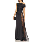 Women's Women's's Dress High Grade Oblique Shoulder Pleated Waist Tight Side Slit Lace Patchwork Maxi Dress