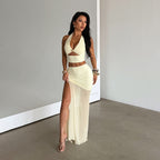 Women's Sexy Vacation Skirt Metal Floral Halter Top Skirt Sexy Set
