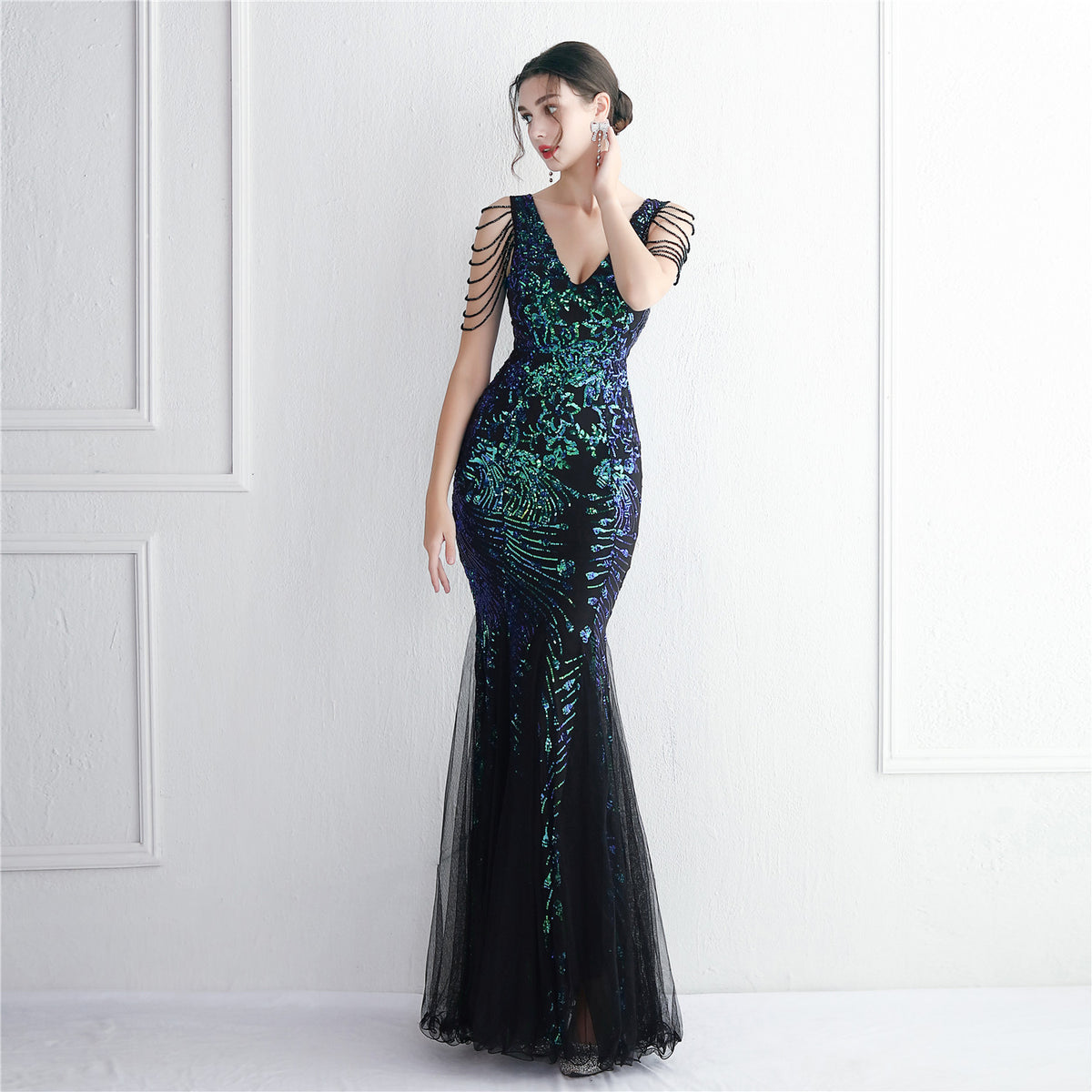 Women's Sequin Mesh Beaded Elegant Long Fishtail Sequin Sexy Dress