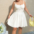 Women's Plus Size Summer White Suspender Hollow Out Dress