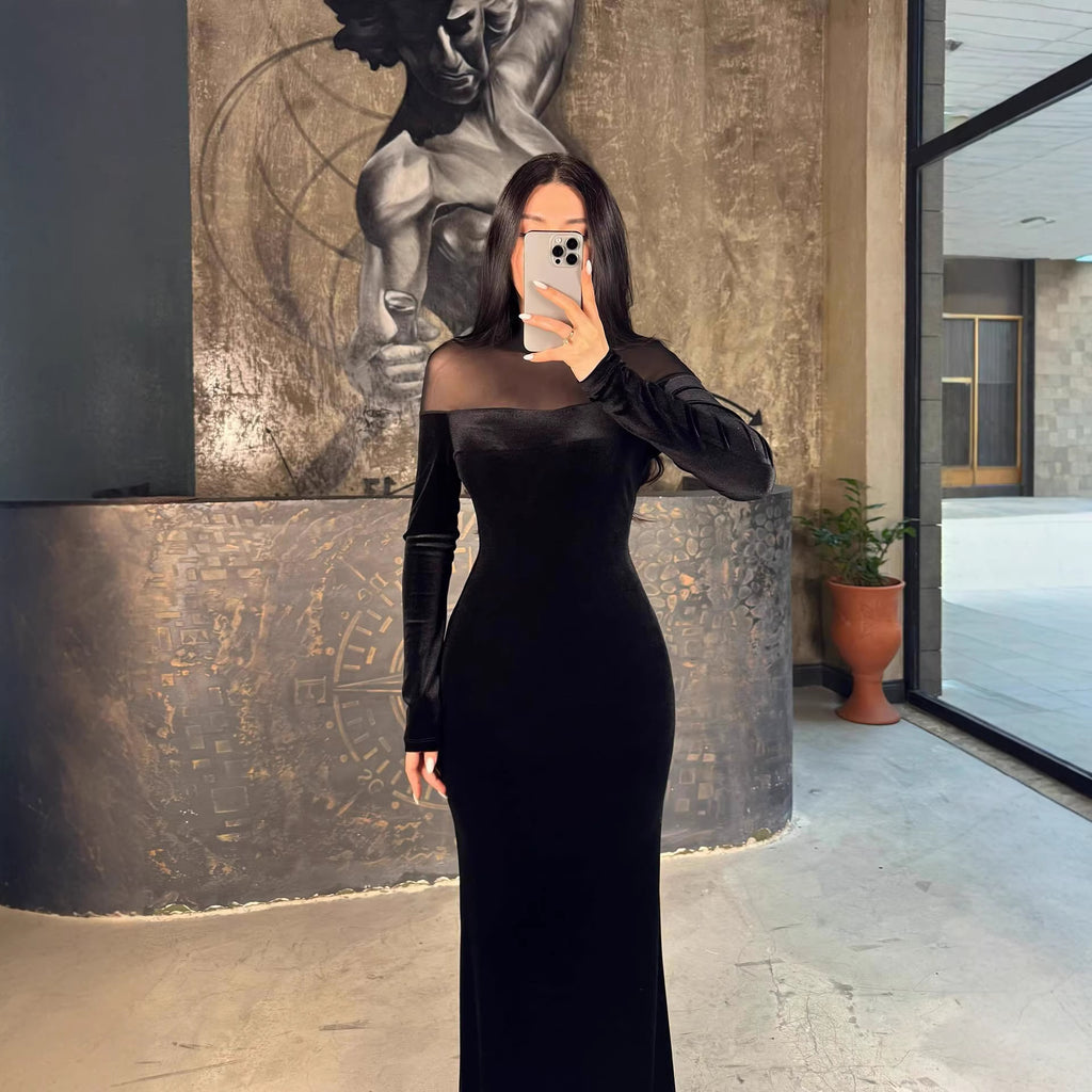 Women's Velvet Lace-Panel Long Sleeve Maxi Dress