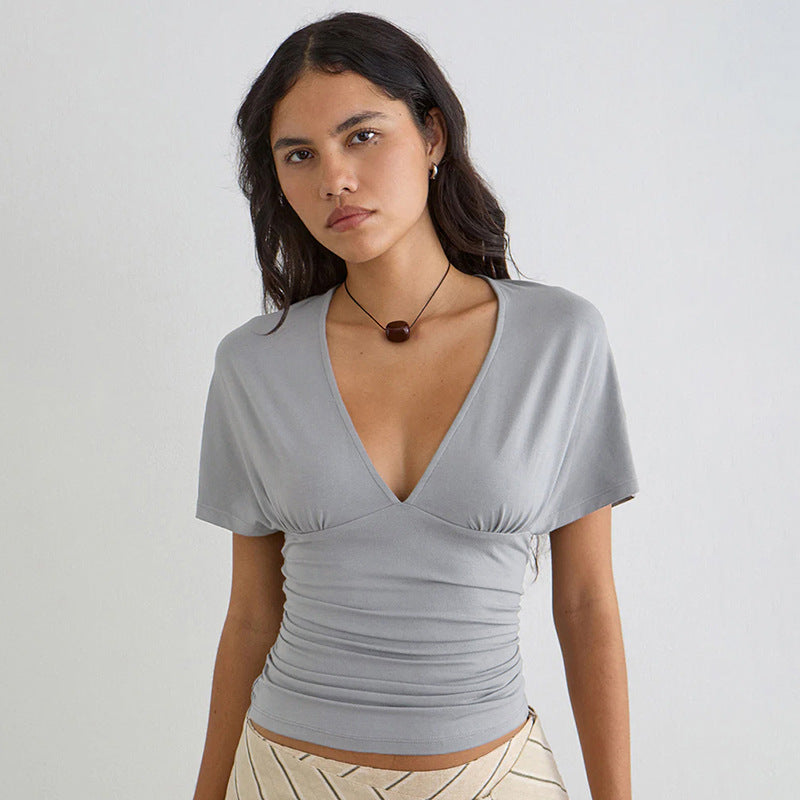 Women's Spring Summer Simple Solid Color Deep V Plunge Batwing Sleeve Waist Tight Slim Short Sleeved Tops T Shirt