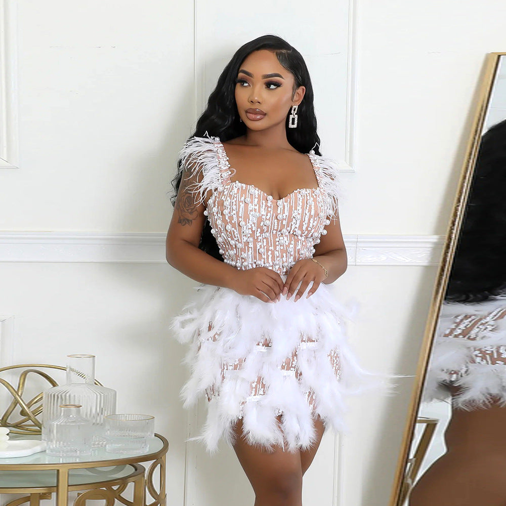 Women's V-Neck Beaded Feather Sequin Bodycon Mini Dress