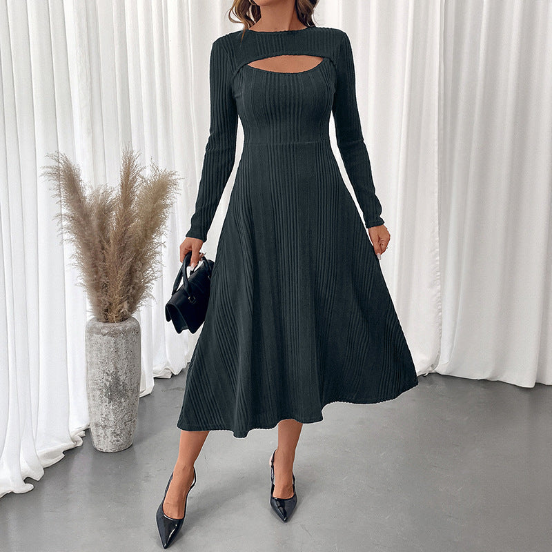 Elegant Office Cutout Round-Neck Solid-Color Dress