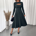 Elegant Office Cutout Round-Neck Solid-Color Dress