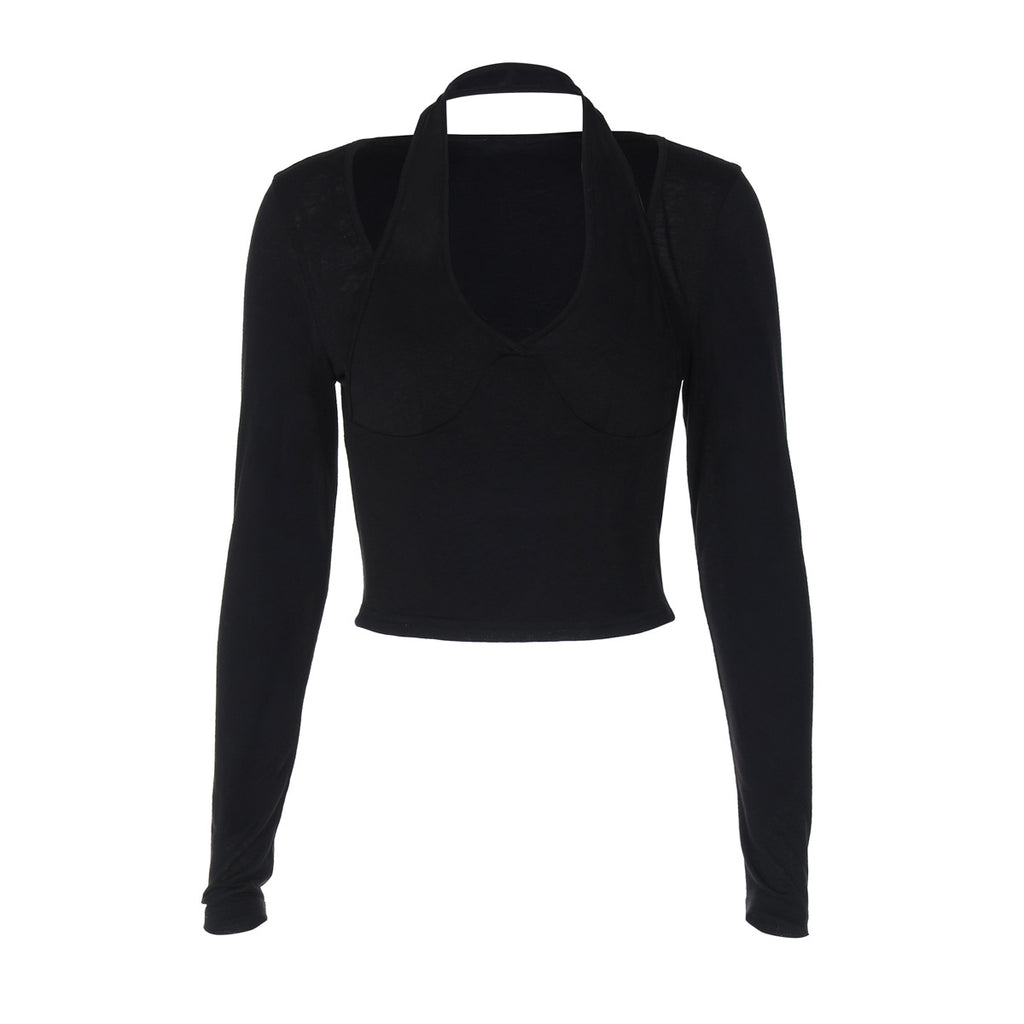 Women's V Neck Patchwork Faux Two Piece Fitted Long Sleeve T-Shirt