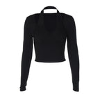 Women's V Neck Patchwork Faux Two Piece Fitted Long Sleeve T-Shirt