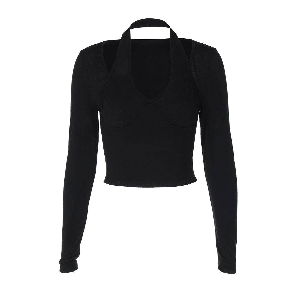 Women's V Neck Patchwork Faux Two Piece Fitted Long Sleeve T-Shirt