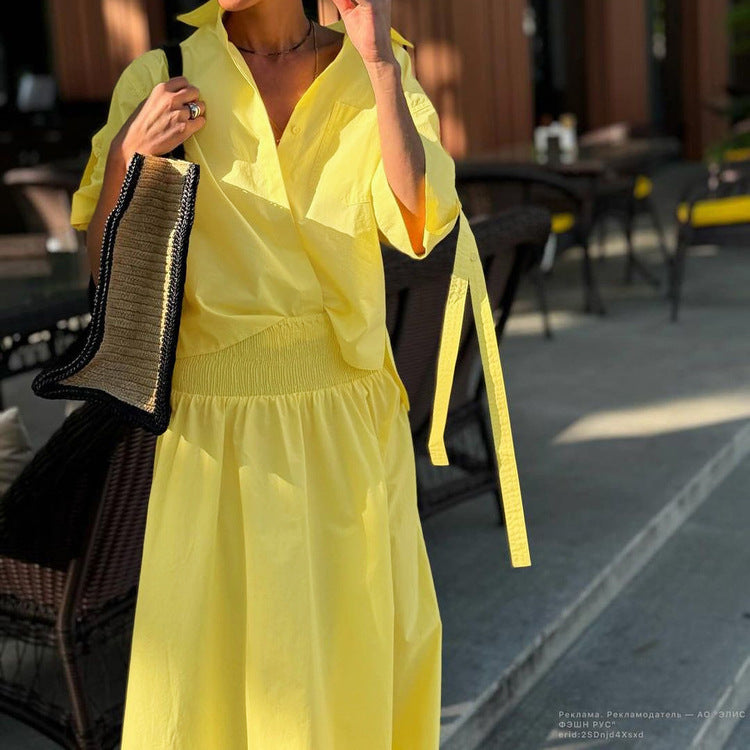 Polo Collar Shirt Yellow Skirt Set Two
