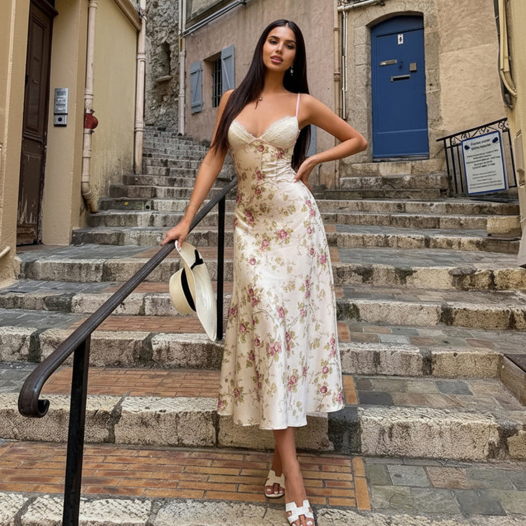 Lace Satin V-Neck Cami Maxi Dress