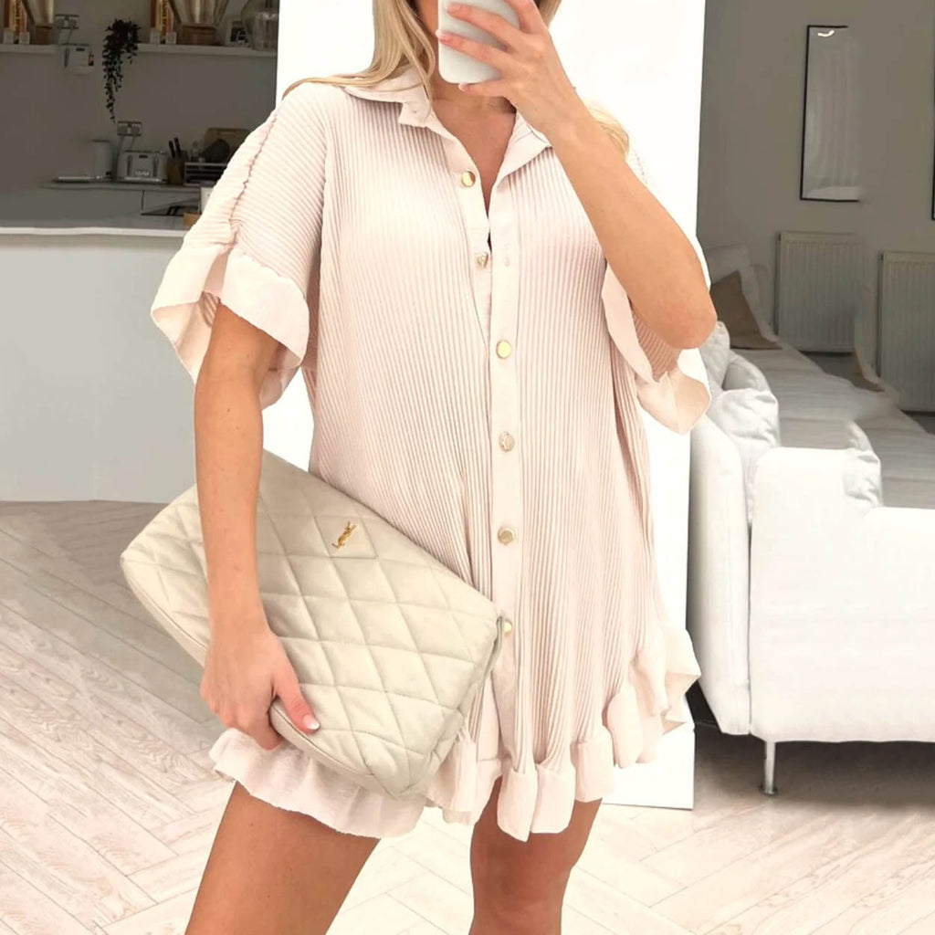 Women's Shorts Short-Sleeve Shirt Two-Piece Loose Pleated Wooden Ear Casual Sets