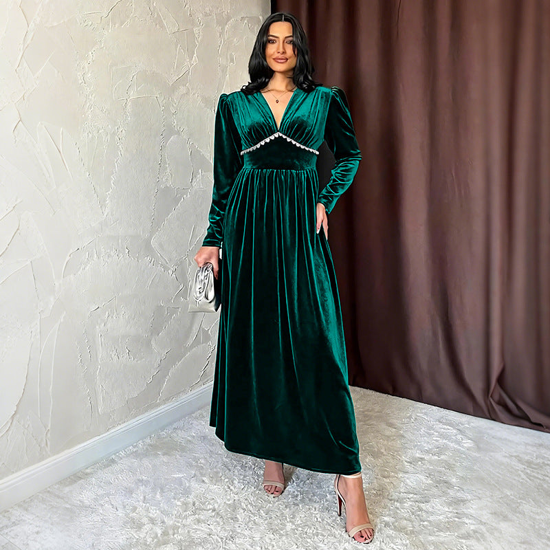 Women Clothing Autumn Winter Elegant Retro Long Sleeve V neck Velvet Dress