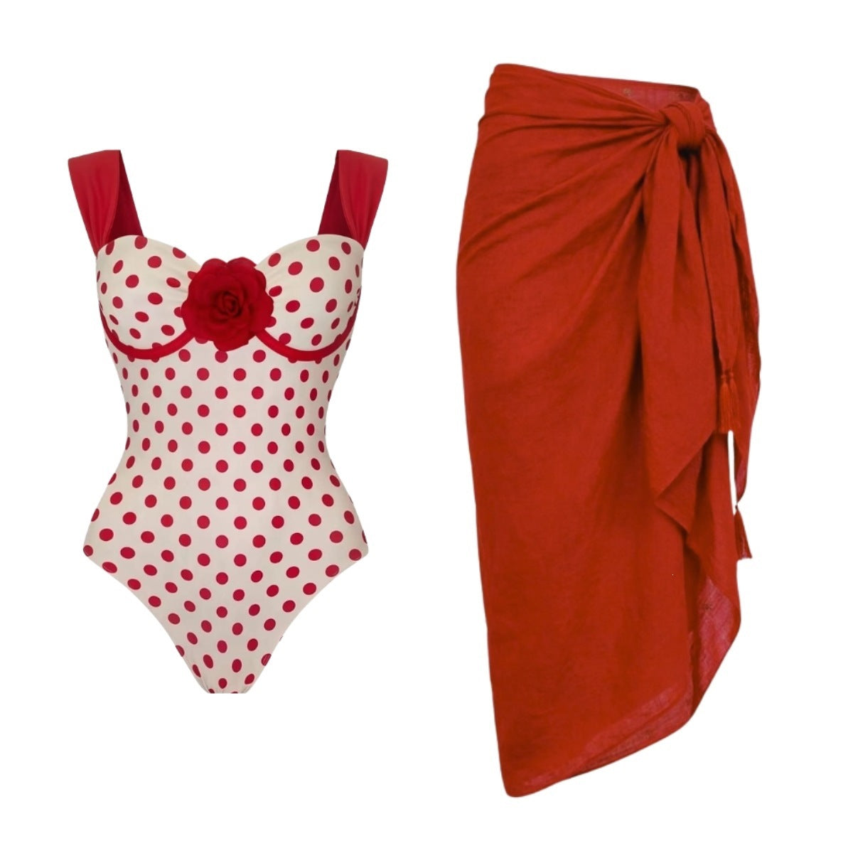 Red polka-dot one-piece swimsuit with rose plus matching red wrap skirt, knotted waist