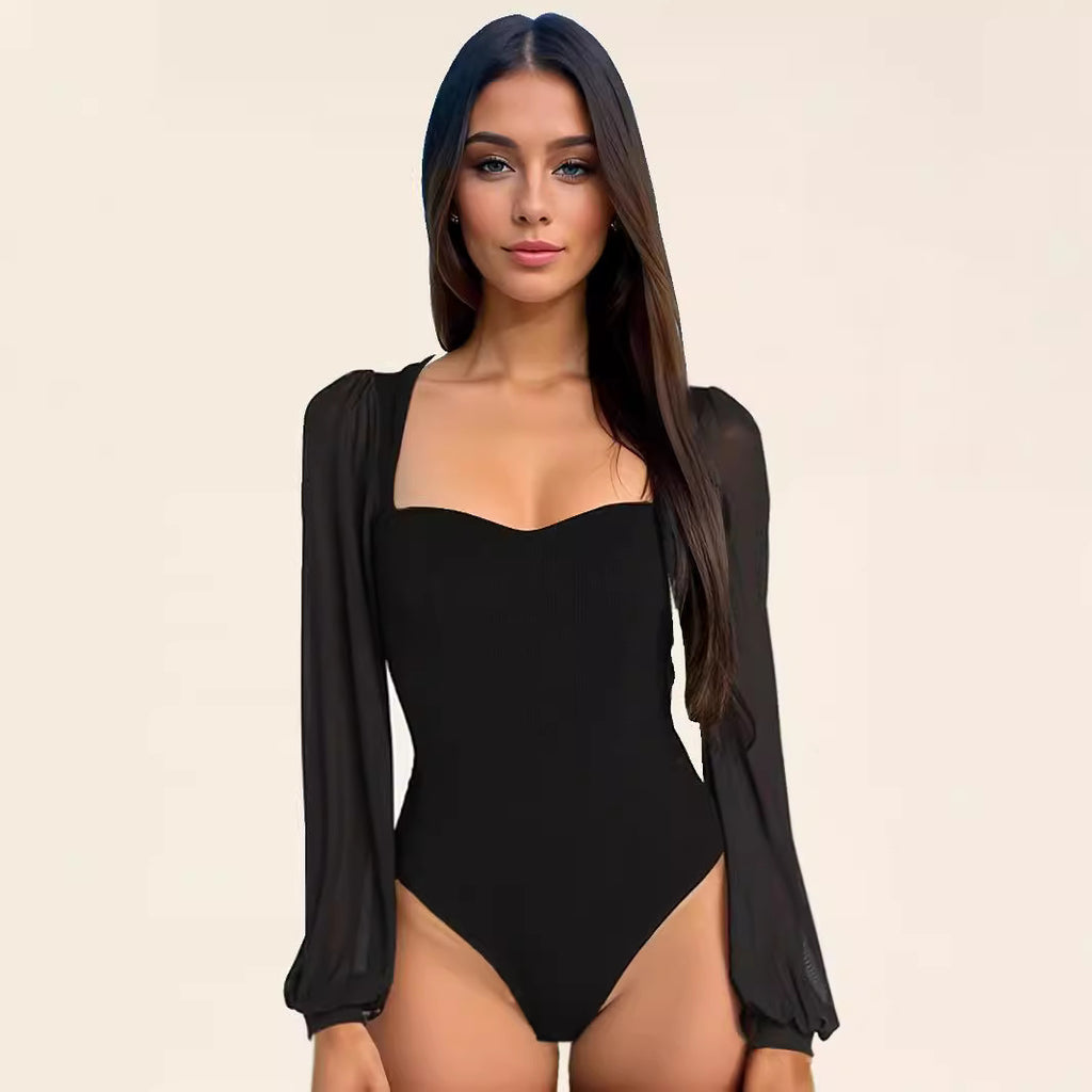 Slim Fit Patchwork Mesh Long Sleeve Jumpsuit