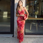 Deep V Plunge neck Mesh Floral Print Sleeveless Strap Skinny Sheath Dress