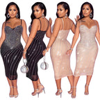 Women's Summer Tight Straps Tulle Rhinestone Dress