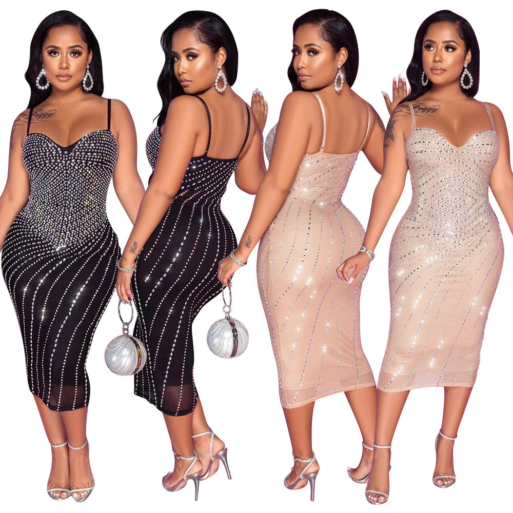 Women's Summer Tight Straps Tulle Rhinestone Dress
