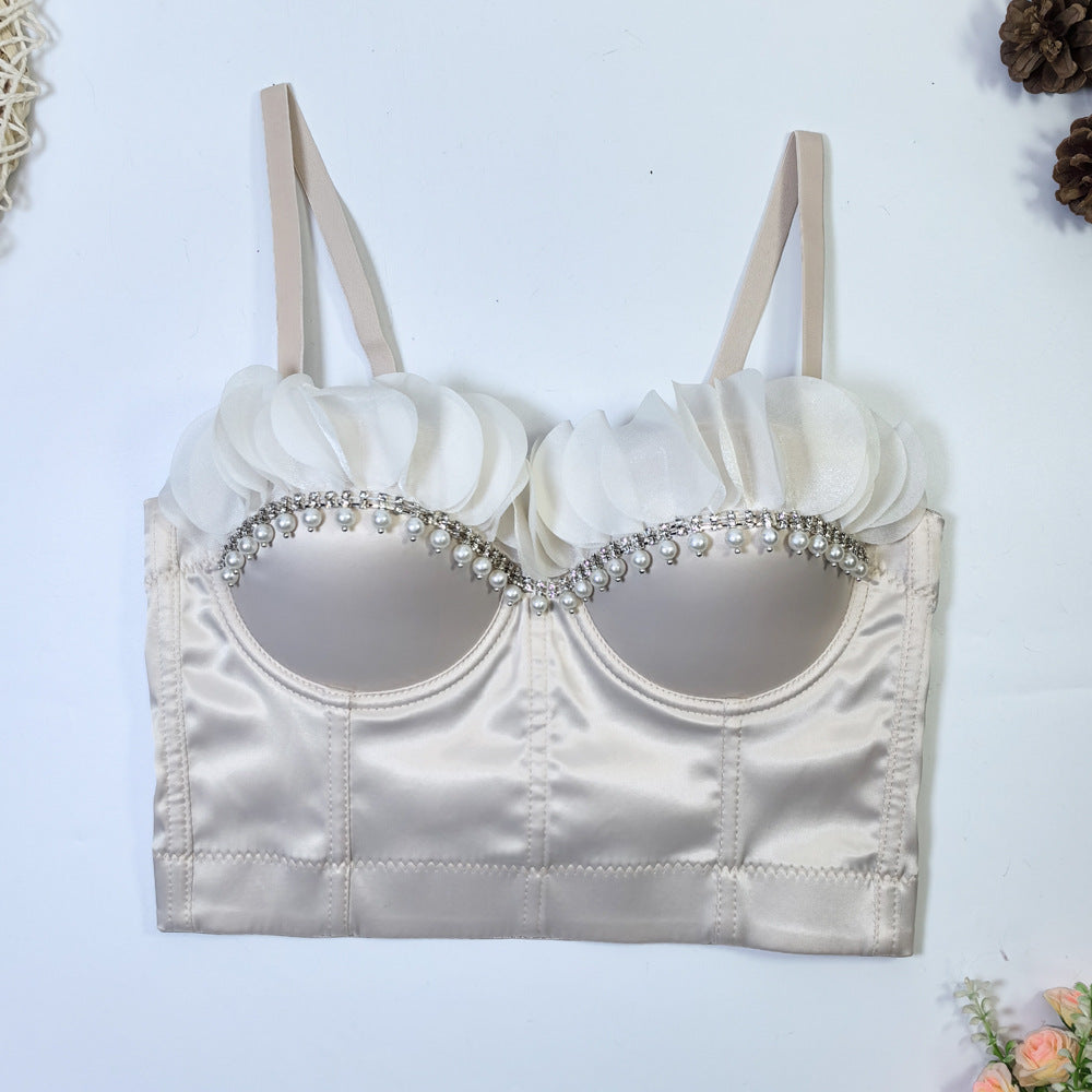 Women's Acetate Satin Tube Top Light Diamond Beaded Boning Corset Bra